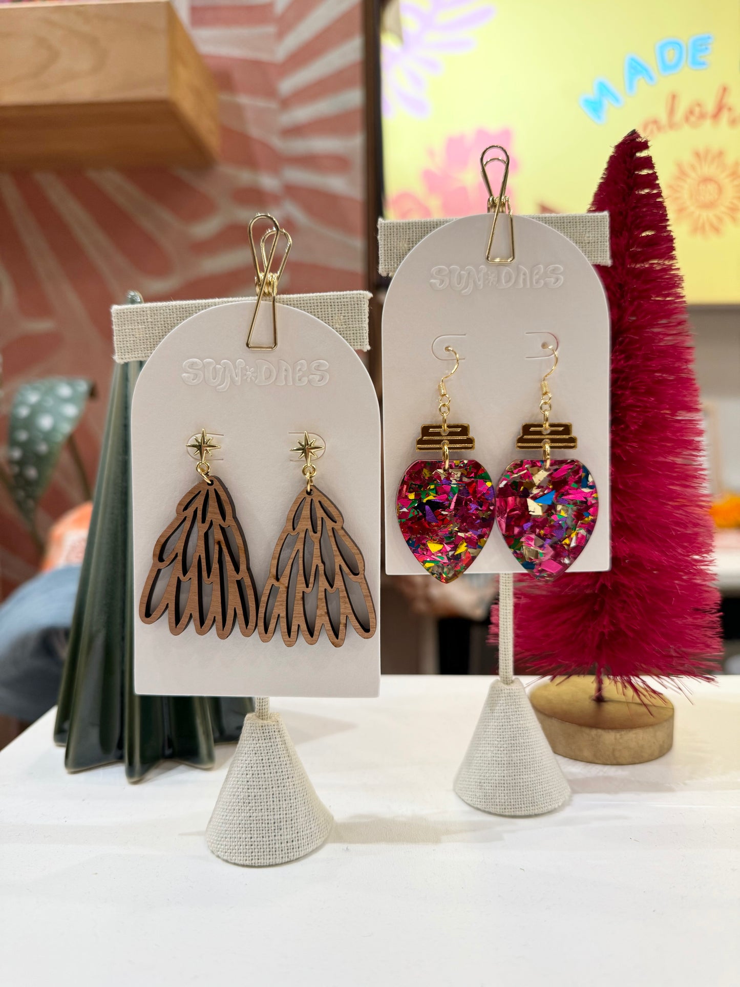 Wood Christmas tree earrings
