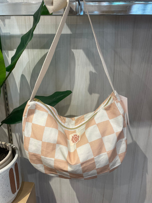 Tan checkered charm crossbody
