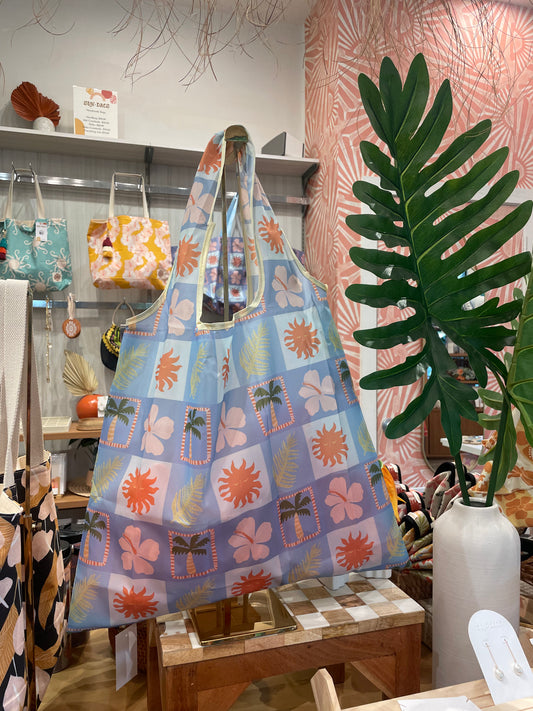 Blue Tropical Checkered Reusable Tote