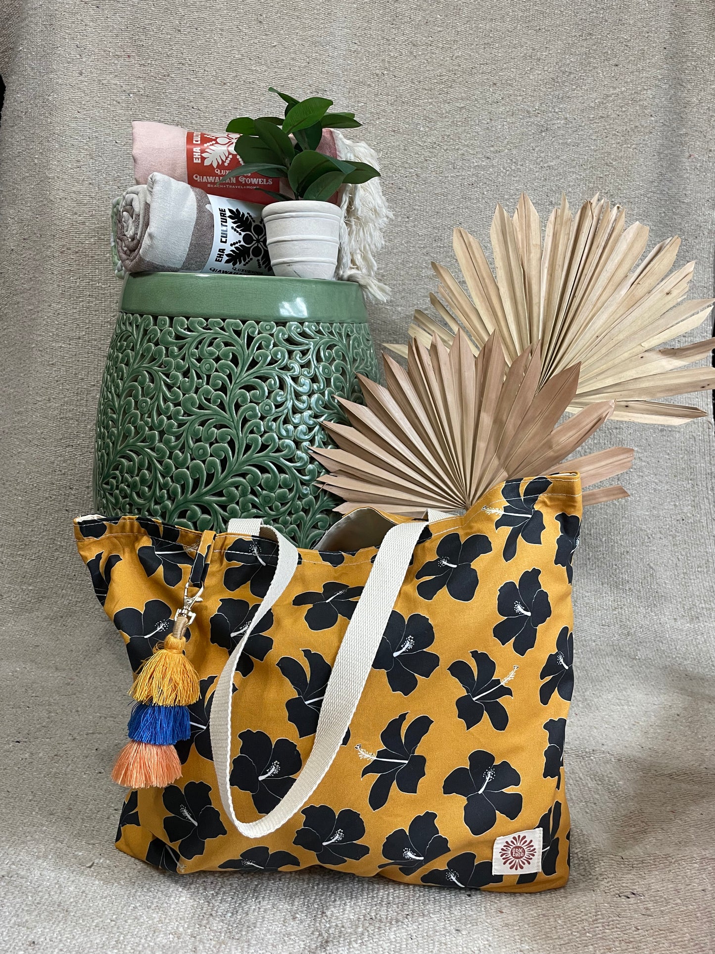 Tan hibiscus in everything tote