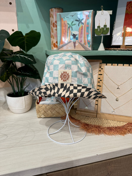 Baby blue checkered palm tree bucket hat