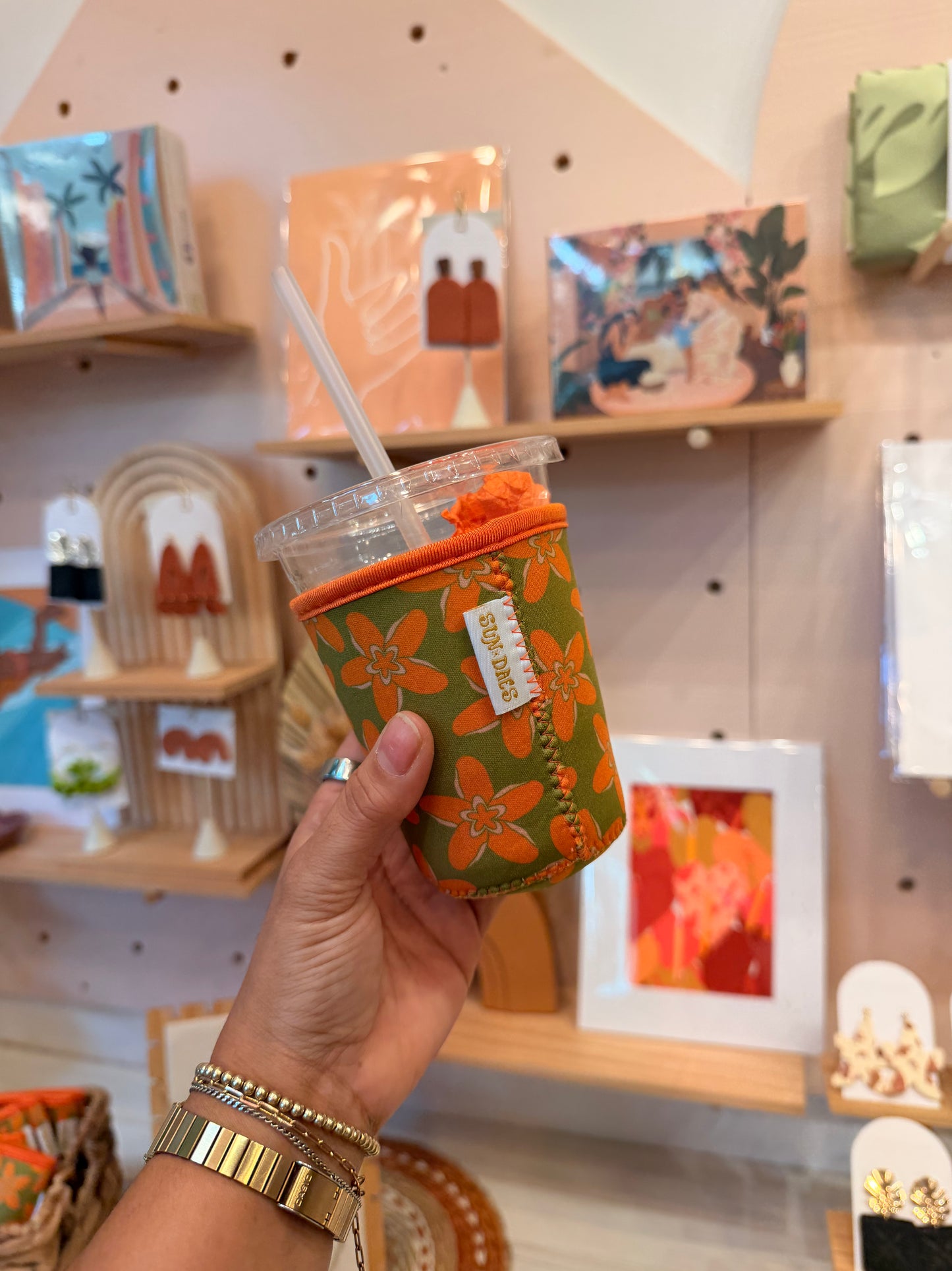 Orange and green flower coffee sleeve large